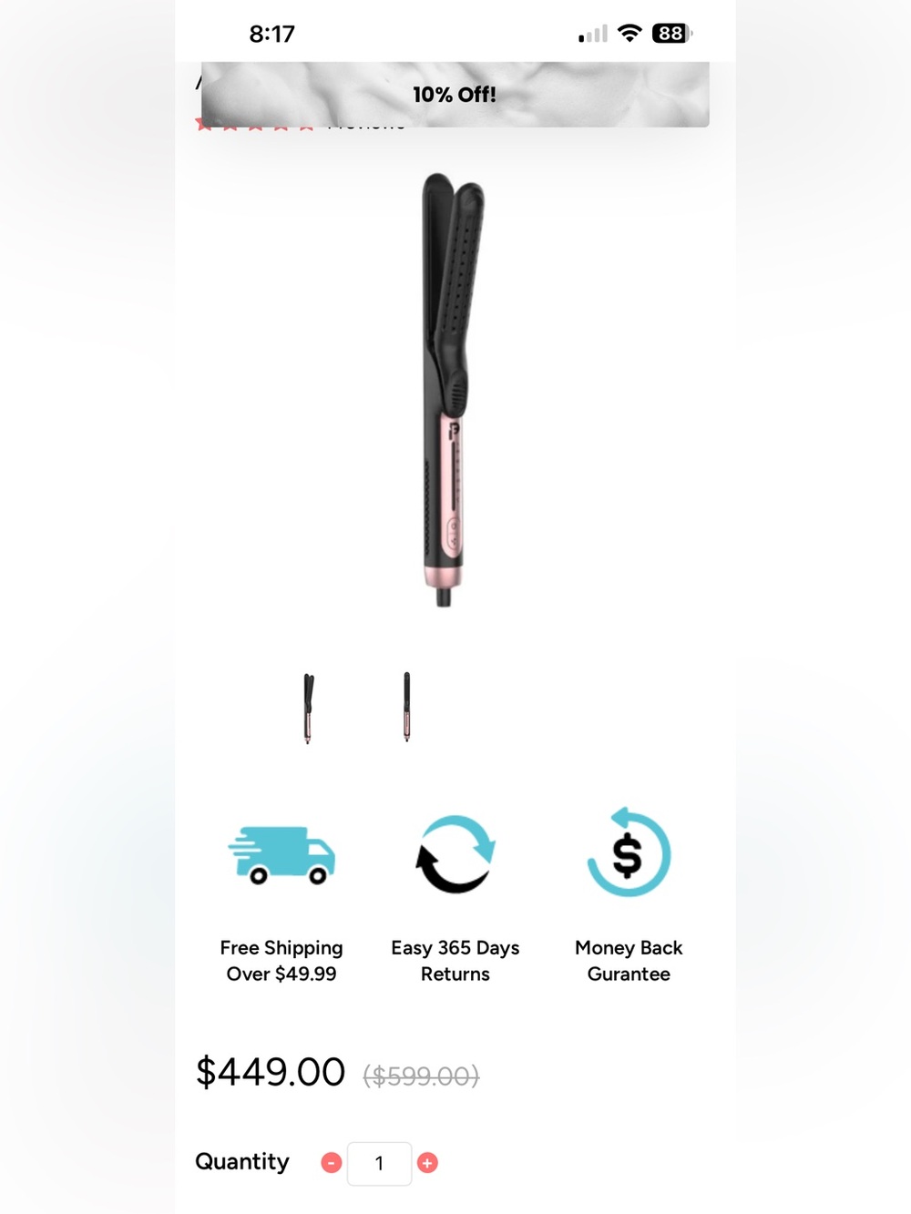 Black & Rose Gold Hair Straightener - Compact Flat Iron